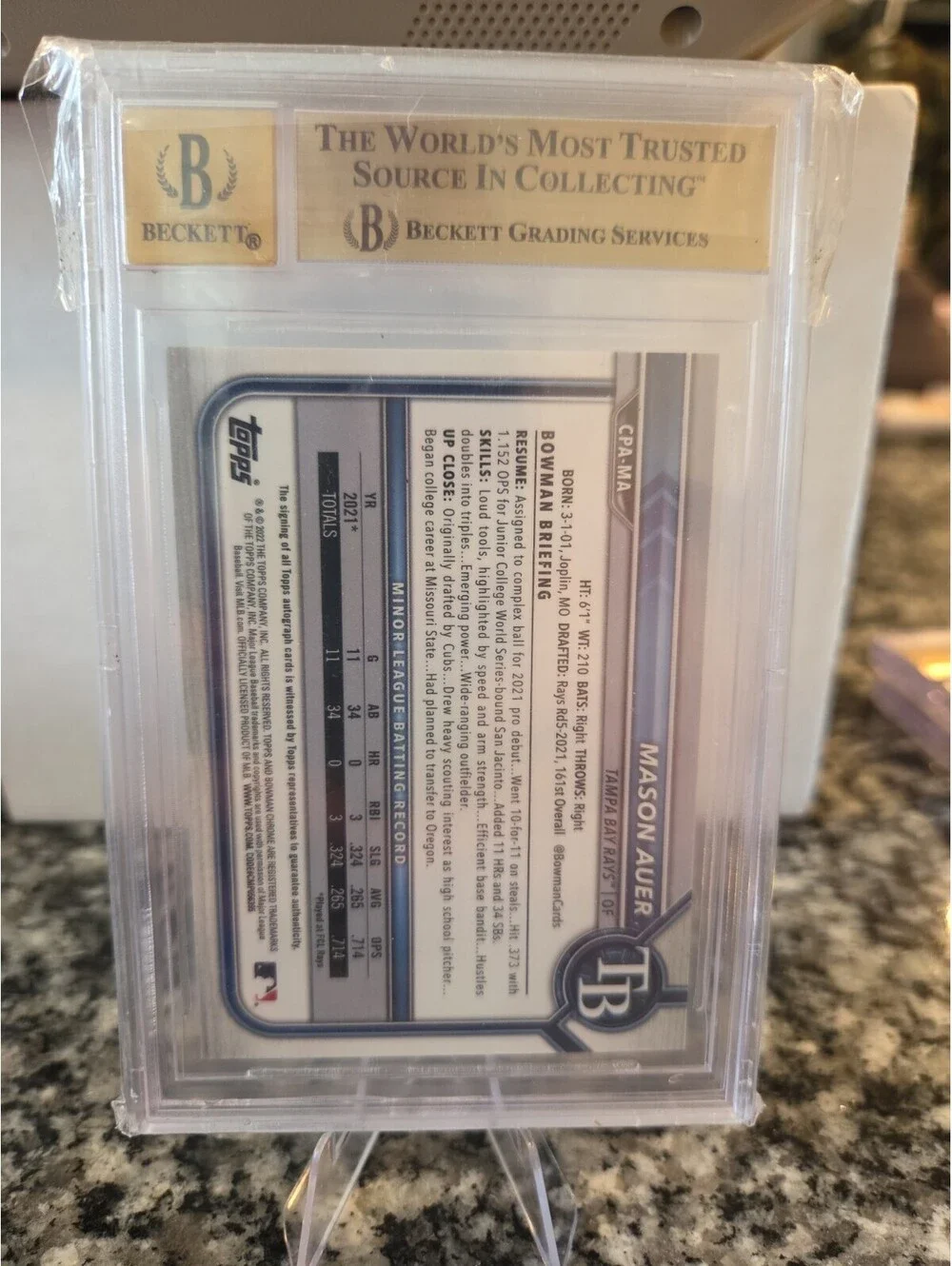 MASON AUER 2022 Bowman Chrome Yellow Refractor 49/75 BGS 9.5/10 Tampa Bay